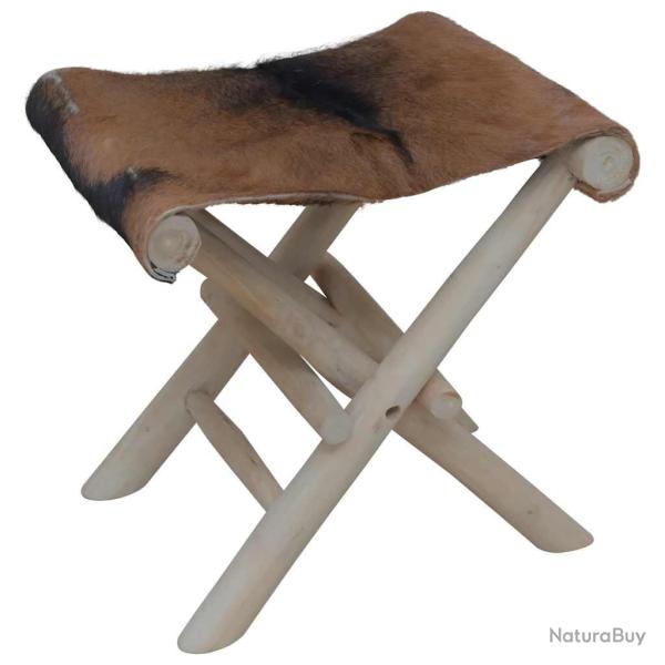 Tabouret pliable cuir de ch�vre et bois de teck massif