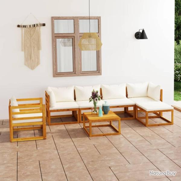 Salon de 7 pi�ces avec coussin cr�me, en bois d'acacia massif