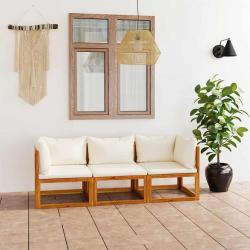 Canap&eacute; 3 places avec coussin, cr&egrave;me, en bois d'acacia, pour le salon