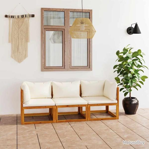 Canap� 3 places avec coussin, cr�me, en bois d'acacia, pour le salon