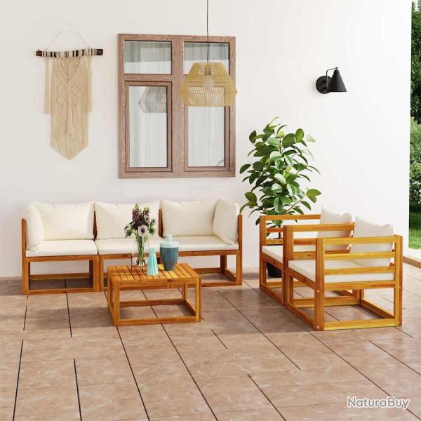 Salon de 6 pcs avec coussin Cr�me Bois d'acacia solide