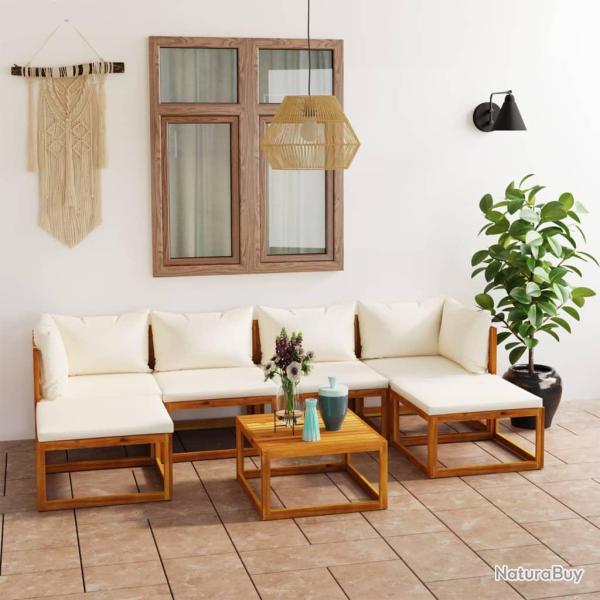 Salon de 7 pcs avec coussin Cr�me Bois d'acacia solide