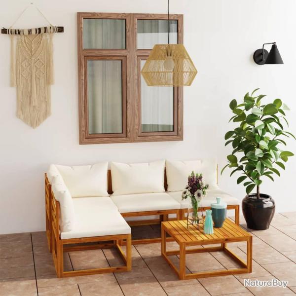Salon de 5 pcs avec coussin Cr�me Bois d'acacia solide