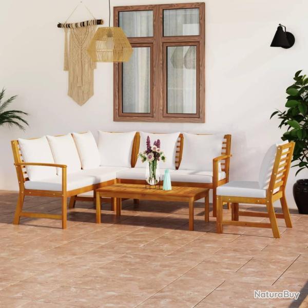 Salon de 5 pcs avec coussin Cr�me Bois d'acacia solide