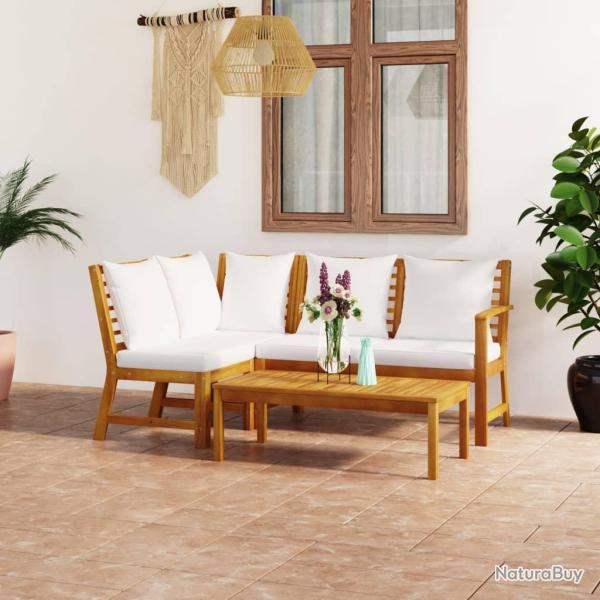 Salon de 4 pcs avec coussin Cr�me Bois d'acacia solide