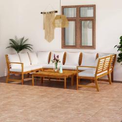 Salon de 9 pcs avec coussin Cr&egrave;me Bois d'acacia solide