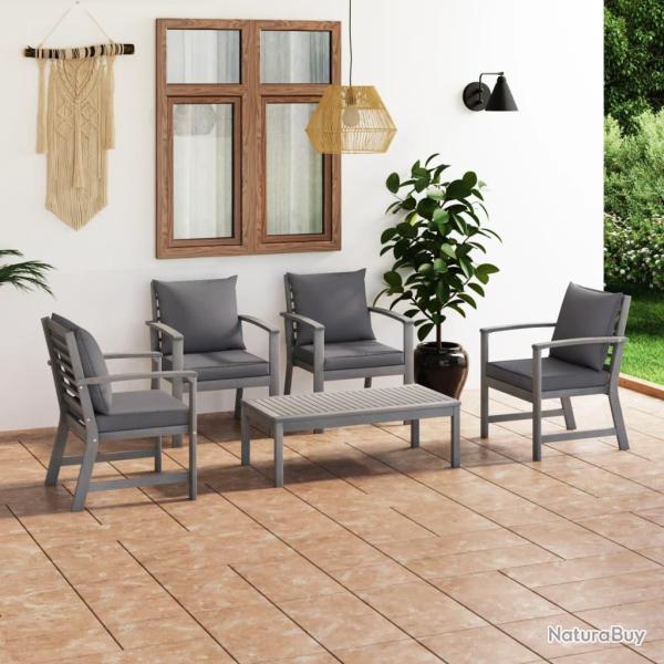 Salon de 5 pcs avec coussin Bois d'acacia solide Gris