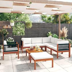 Salon de 8 pi&egrave;ces avec coussins, bois d'acacia cr&egrave;me et corde