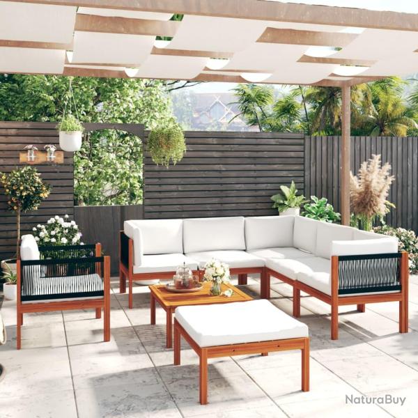 Salon de 8 pi�ces avec coussins, bois d'acacia cr�me et corde