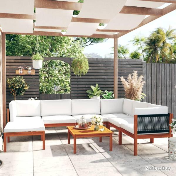 Salon de 8 pi�ces avec coussins, bois d'acacia cr�me et corde