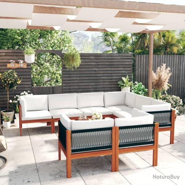 Salon de 10 pi�ces avec coussins, bois cr�me, acacia et corde