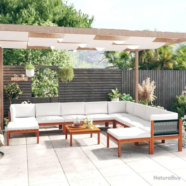 Salon de 11 pi�ces avec coussins, bois d'acacia cr�me et corde