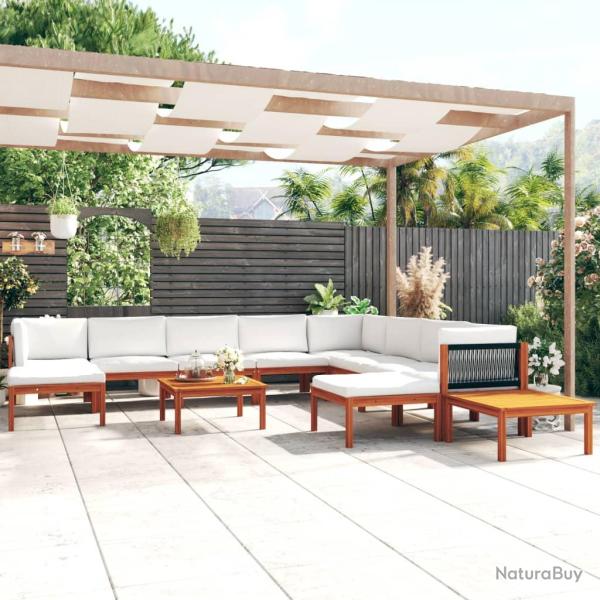 Salon de 12 pi�ces avec coussins, bois d'acacia cr�me et corde
