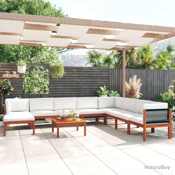 Salon de 9 pi�ces avec coussins, bois d'acacia cr�me et corde