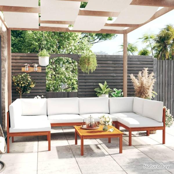 Salon de 7 pi�ces avec coussins, bois d'acacia cr�me et corde