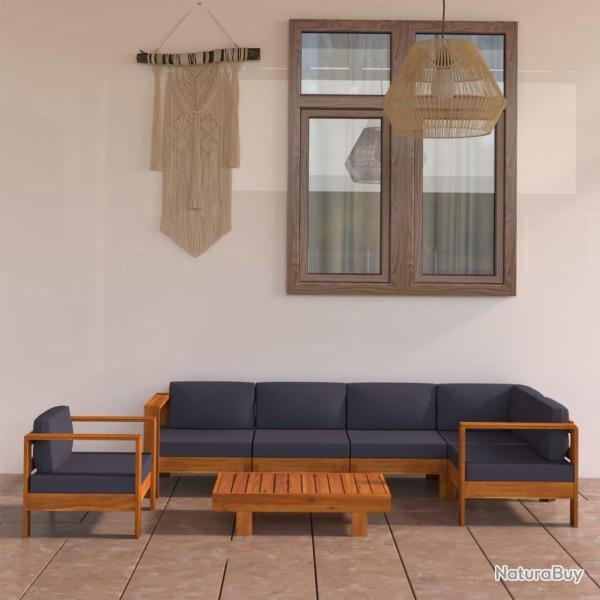 Salon de 7 pcs avec coussins gris fonc� Bois d'acacia