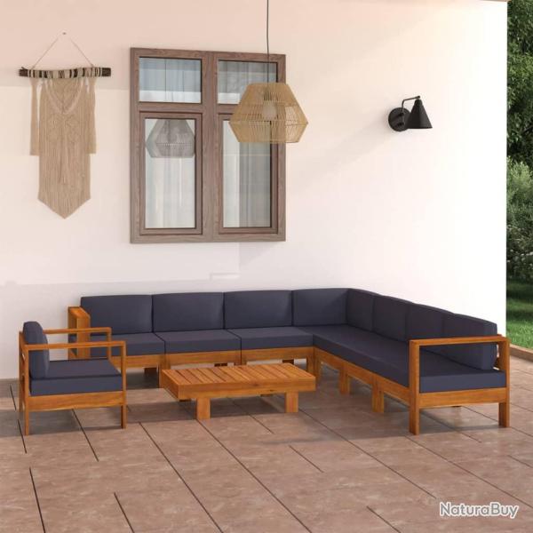 Salon de 9 pcs avec coussins gris fonc� Bois d'acacia