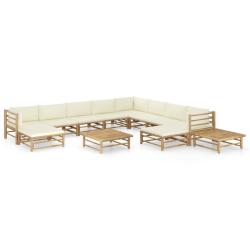 Salon de 12 pi&egrave;ces avec coussins blanc cr&egrave;me, en bambou