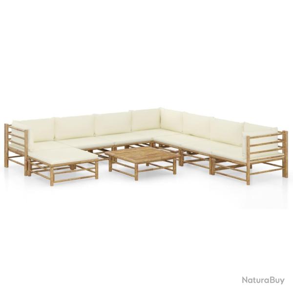 Salon de 9 pi�ces avec coussins blanc cr�me en bambou
