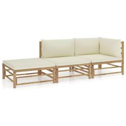 Salon 3 pi&egrave;ces avec coussins, en bambou blanc cr&egrave;me