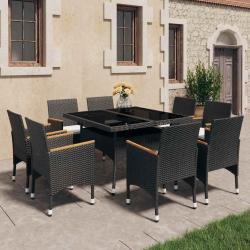 Ensemble &agrave; manger de 9 pcs R&eacute;sine tress&eacute;e et acacia Noir