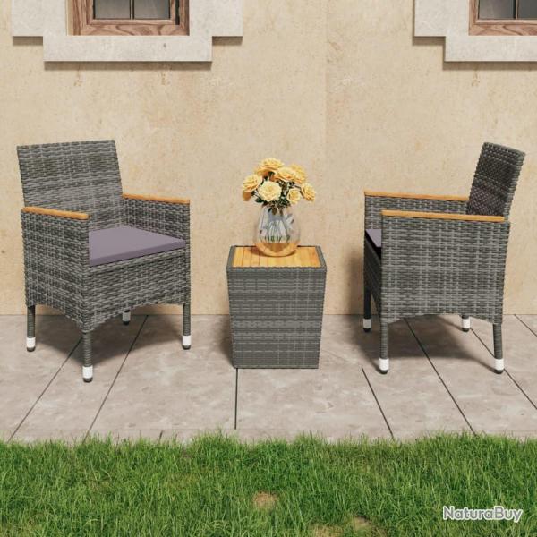 Ensemble de bistro, 3 pi�ces, en r�sine tress�e et bois d'acacia gris, pour le jardin
