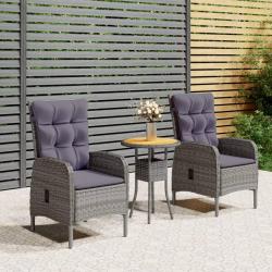 Ensemble de bistro, 3 pi&egrave;ces, en r&eacute;sine tress&eacute;e, gris, pour le jardin