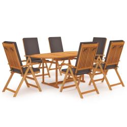 Ensemble repas avec coussins, bois de teck massif, gris, 7 pi&egrave;ces, pour la salle &agrave; manger