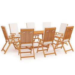 Ensemble table et chaises, 9 pi&egrave;ces, avec coussins, bois de teck massif, pour le jardin