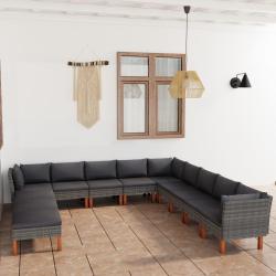 Salon de 12 pi&egrave;ces avec coussins gris, en r&eacute;sine tress&eacute;e pour le jardin