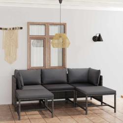 Salon de jardin 5 pi&egrave;ces avec coussins gris, en r&eacute;sine tress&eacute;e