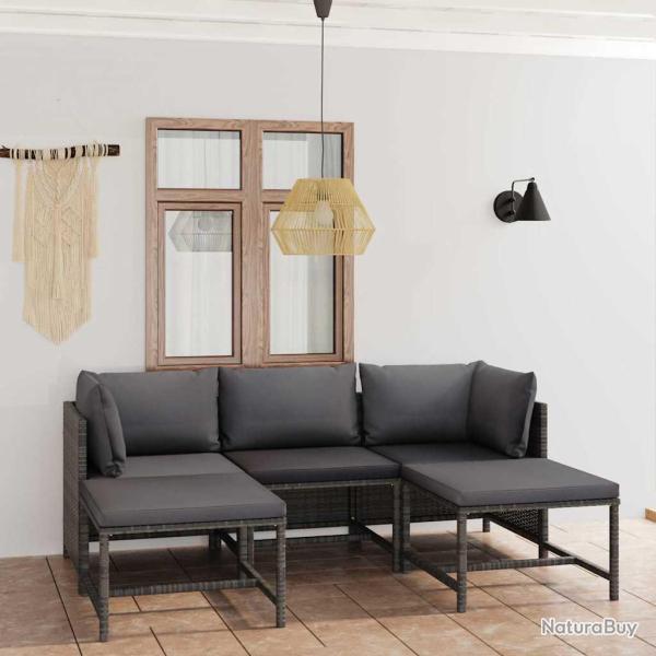 Salon de jardin 5 pi�ces avec coussins gris, en r�sine tress�e