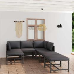Salon de 7 pi&egrave;ces avec coussins gris, en r&eacute;sine tress&eacute;e pour la terrasse