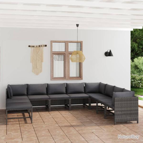 Salon de 11 pcs avec coussins R�sine tress�e Gris