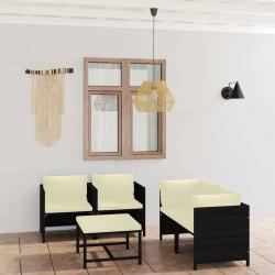 Salon de jardin 5 pi&egrave;ces avec coussins noirs, en r&eacute;sine tress&eacute;e