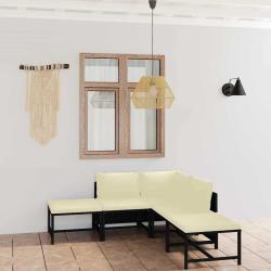 Salon de 6 pi&egrave;ces avec coussins en r&eacute;sine tress&eacute;e noir pour la terrasse