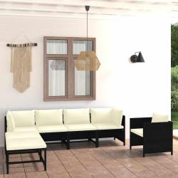 Salon de 7 pi&egrave;ces avec coussins noir, en r&eacute;sine tress&eacute;e pour la terrasse