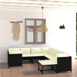 Salon de 9 pi&egrave;ces avec coussins en r&eacute;sine tress&eacute;e noire pour le jardin