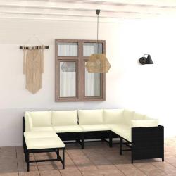 Salon de 8 pi&egrave;ces avec coussins en r&eacute;sine tress&eacute;e noir pour la terrasse