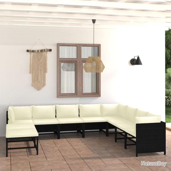 Salon de 11 pi�ces avec coussins, noir, en r�sine tress�e pour le jardin