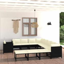 Salon de 12 pi&egrave;ces avec coussins noirs, en r&eacute;sine tress&eacute;e pour le jardin
