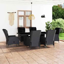 Ensemble &agrave; manger d'ext&eacute;rieur, 7 pi&egrave;ces, coussins, en rotin gris fonc&eacute;, pour le jardin