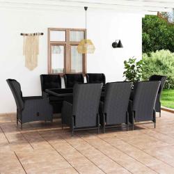 Ensemble &agrave; manger d'ext&eacute;rieur, 9 pi&egrave;ces, coussins, en rotin gris fonc&eacute;, pour le jardin