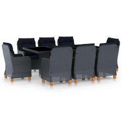 Mobilier &agrave; d&icirc;ner 9 pcs avec coussins R&eacute;sine tress&eacute;e Gris fonc&eacute;
