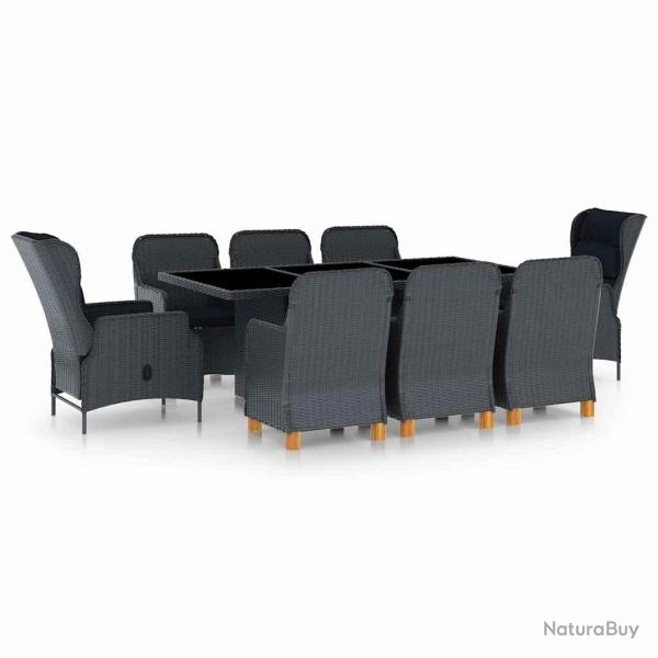 Ensemble � manger, 9 pi�ces, avec coussins, en r�sine tress�e gris fonc�, pour le jardin