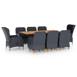 Ensemble &agrave; manger 9 pcs avec coussins r&eacute;sine tress&eacute;e gris fonc&eacute;