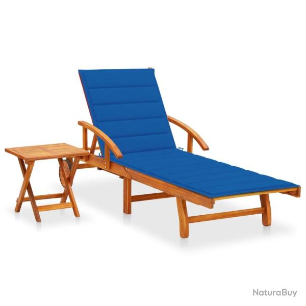 Chaise longue avec table et coussin en bois d'acacia, pour la terrasse