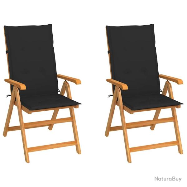 Chaises de lot de 2 et coussins noir Bois de teck massif