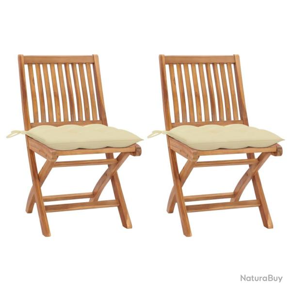 Chaises pliantes avec coussins blanc cr�me, lot de 2, en bois de teck massif