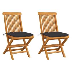Chaises pliantes avec coussins anthracite, 2 pi&egrave;ces, en teck massif